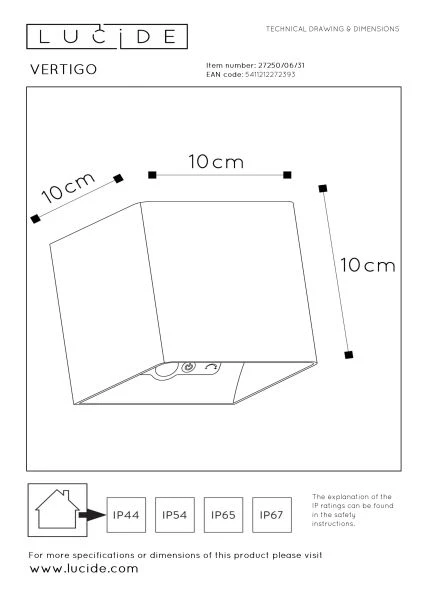 Lucide VERTIGO - Applique murale Rechargeable Intérieur/Extérieur - Batterie/Piles - LED Dim. - 1x6W 2700K - IP54 - Détecteur De Mouvement - Magnétique - Blanc - technique